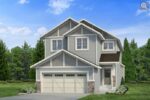 Rendered image of the Ara home design in a craftsman elevation with green trees and a bright blue sky behind the light grey, warm toned home