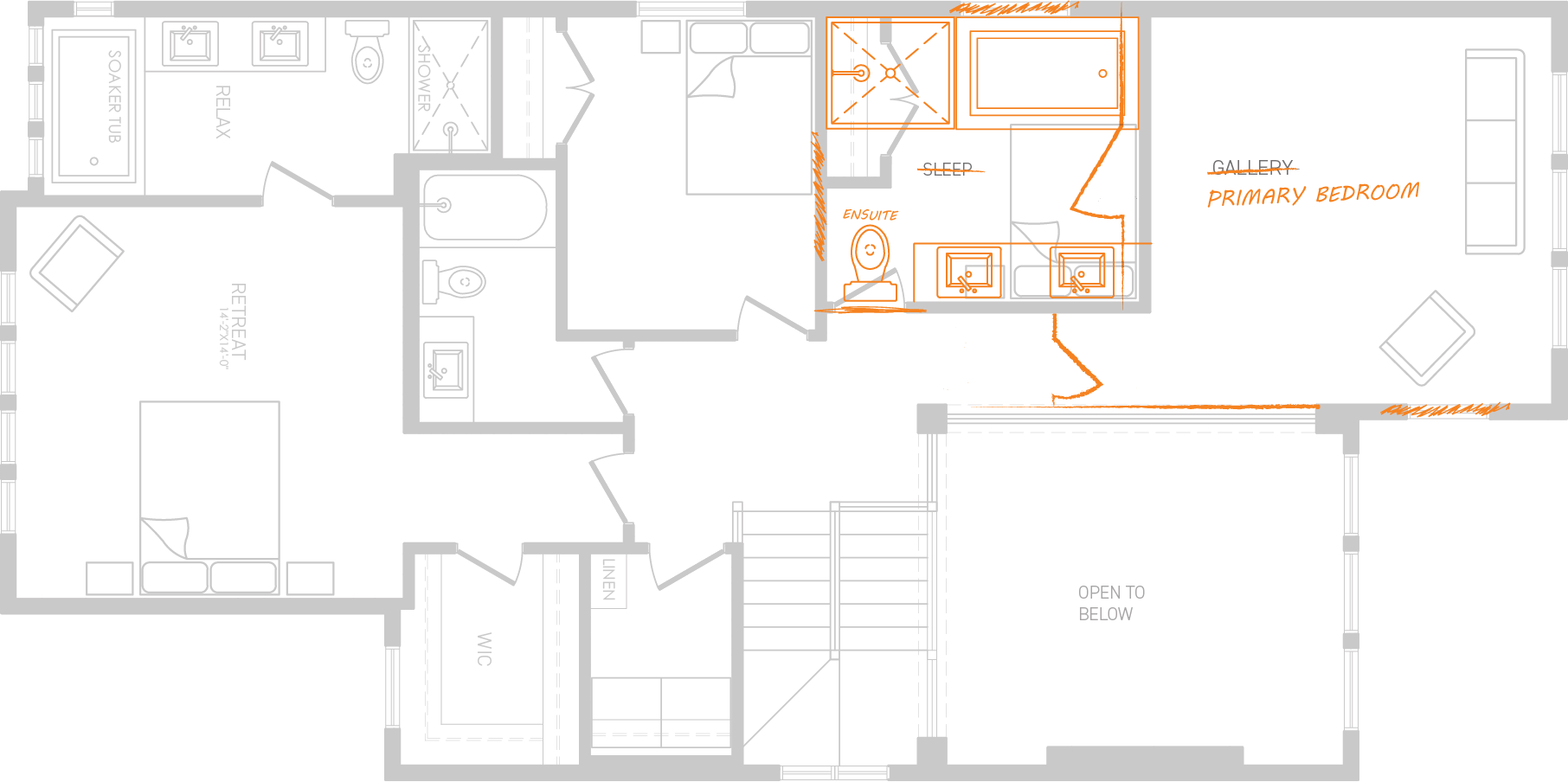 Image of floorplan with orange markups on it indicating changing a bedroom in to an ensuite to create a master bedroom