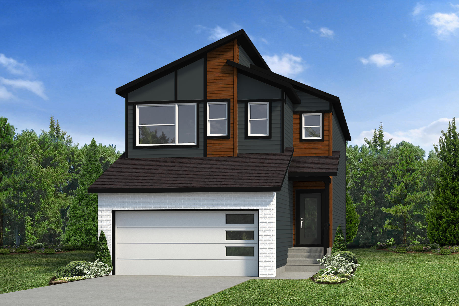 Rendering of Dione showhome in modern elevation- dark grey siding with warm wood sagiwall accents, white brick around the white garage door and a dark grey door