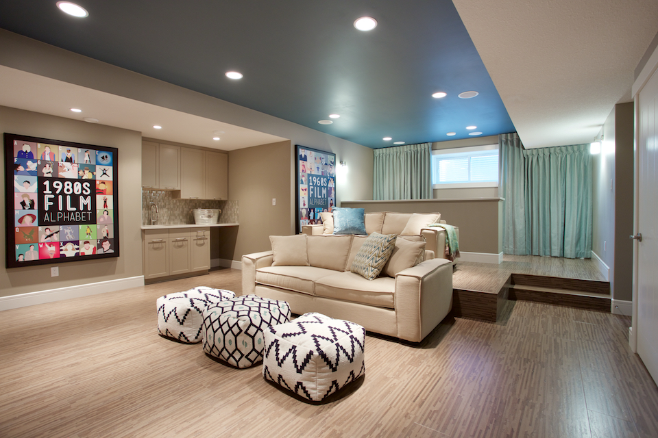 Theater room in basement with platform for tiered seating