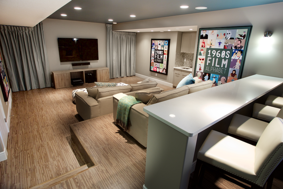 Theater room in basement with platform for tiered seating