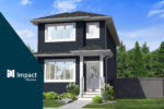 Rendered image of the Impact built Basing laned-home design with a welcoming front porch and classic colour palette of navy siding and striking white trim