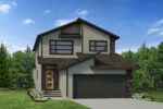 Rendered image of the Archer home design in a contemporary elevation with green trees and a bright blue sky behind the light grey with dark accents in trim and masonry