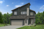 Rendering of the modern elevation of the Io Home Design with dark grey siding, medium grey trim and contrasting light grey brick.
